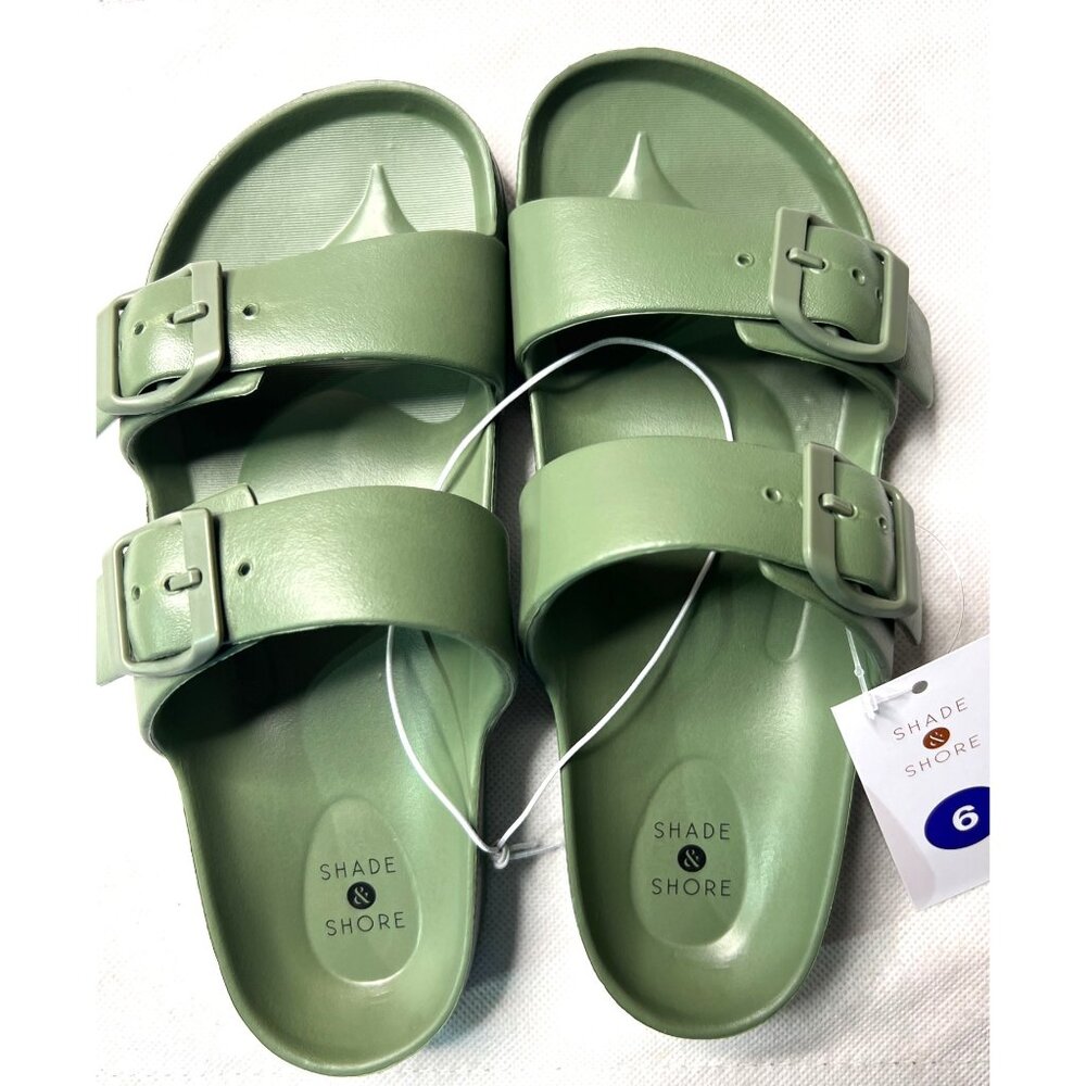 Shade & Shore Adjustable Strap Olive Green Slide Sandals Size 6 Lightweight